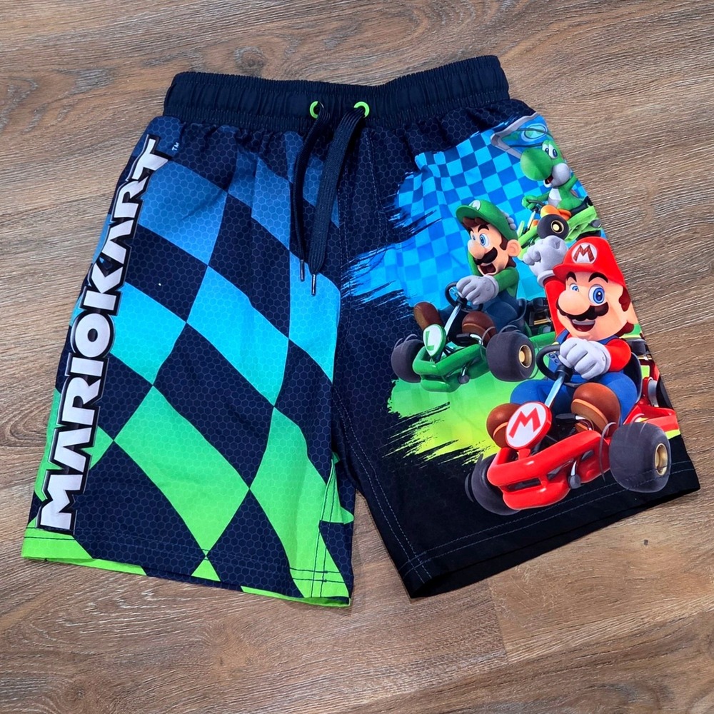 Nintendo Mario Kart Boys Swim Trunks Navy Blue Mario Luigi Yoshi Size 8